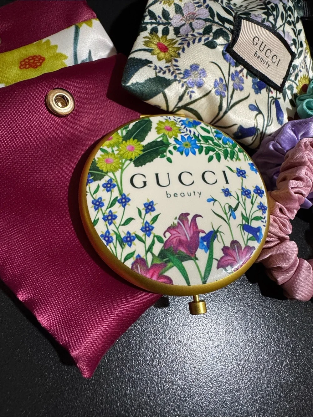 GUCCI Floral Compact Mirror & Silk Scrunchie Set - Pink, Purple, Teal GWP
